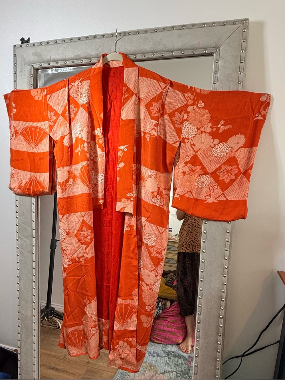 Antique Vintage Orange and Cream Silk Kimono Flowers and Fans As is